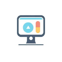 Generate an icon that depicts 'design on a computer'. The design should incorporate a computer monitor showcasing various creative elements, such as geometry, color palettes, or a pen tool, signifying digital creativity.