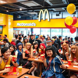 A vibrant and lively scene depicting a cosplay club social at a McDonald's restaurant