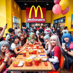 A vibrant and lively scene depicting a cosplay club social at a McDonald's restaurant