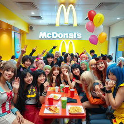 A vibrant and lively scene depicting a cosplay club social at a McDonald's restaurant