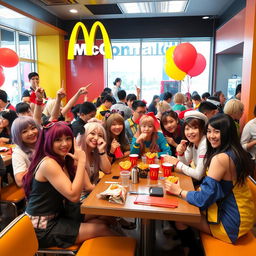 A vibrant and lively scene depicting a cosplay club social at a McDonald's restaurant