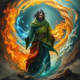 An elemental mage channeling the raw powers of nature, standing amidst a swirling vortex of elements: fire, water, earth, and air