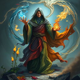 An elemental mage channeling the raw powers of nature, standing amidst a swirling vortex of elements: fire, water, earth, and air