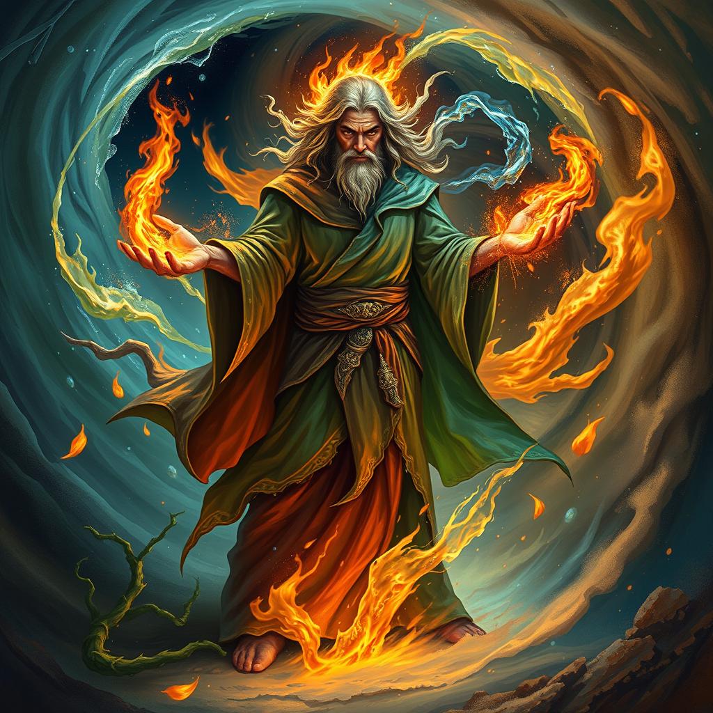 An elemental mage channeling the raw powers of nature, standing amidst a swirling vortex of elements: fire, water, earth, and air