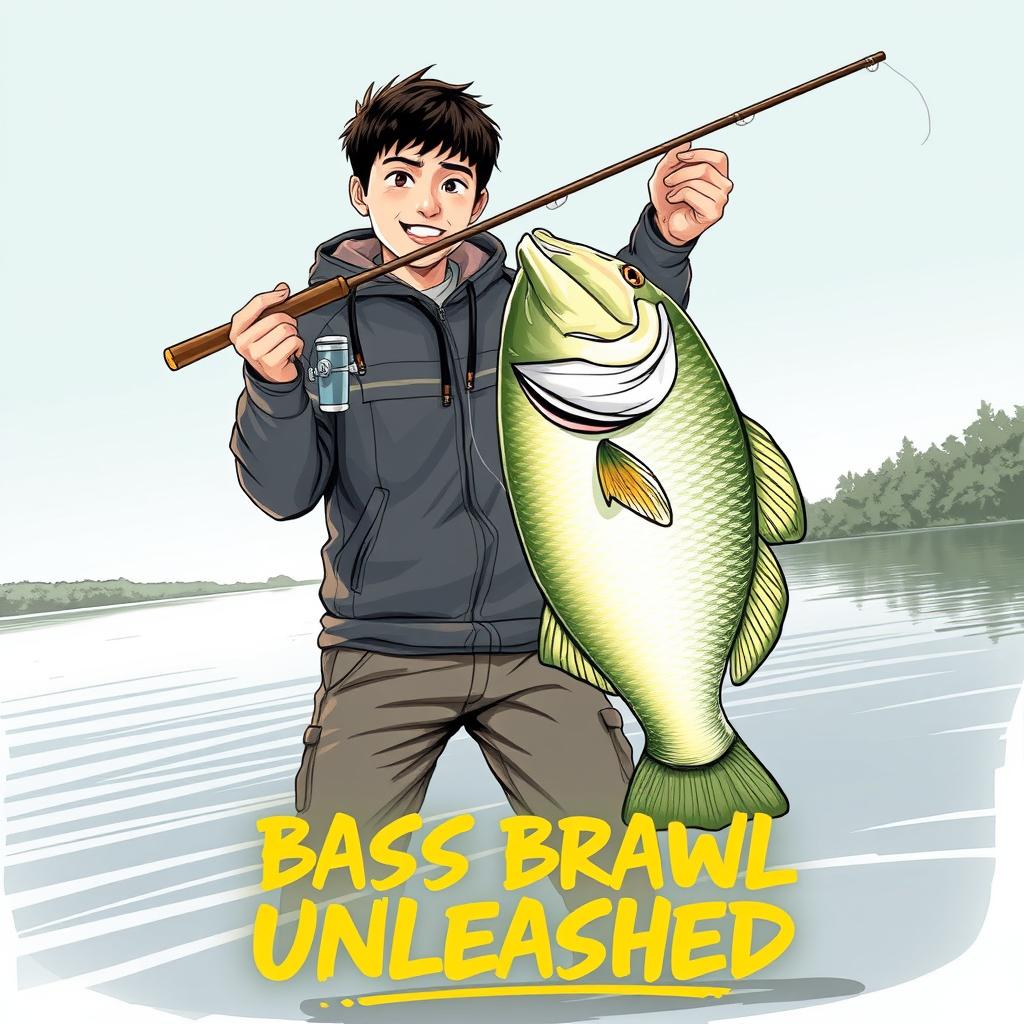 A dynamic, realistic fishing scene depicting a young Asian fisherman with narrow eyes and an enthusiastic expression, celebrating the catch of a bass