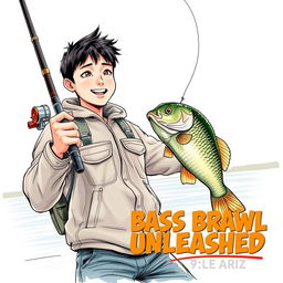 A dynamic, realistic fishing scene depicting a young Asian fisherman with narrow eyes and an enthusiastic expression, celebrating the catch of a bass