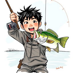 A dynamic, realistic fishing scene depicting a young Asian fisherman with narrow eyes and an enthusiastic expression, celebrating the catch of a bass