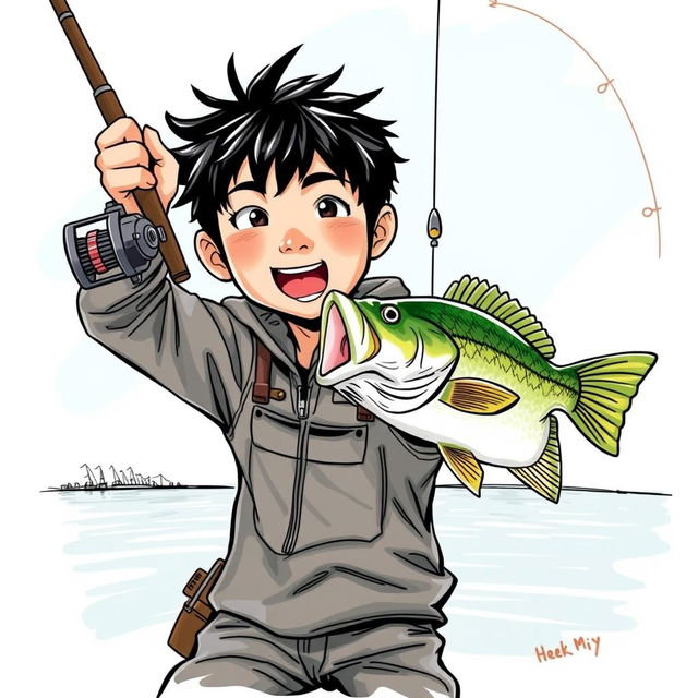 A dynamic, realistic fishing scene depicting a young Asian fisherman with narrow eyes and an enthusiastic expression, celebrating the catch of a bass