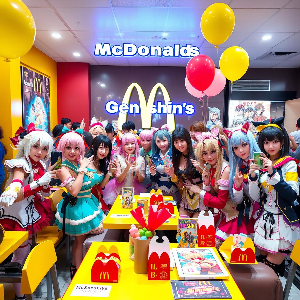 A vibrant and lively scene depicting a cosplay club social at a McDonald's restaurant specifically for a Genshin Impact collaboration