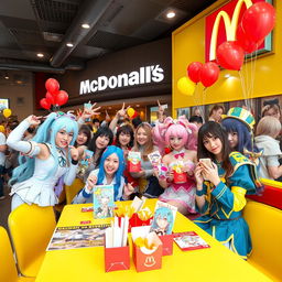 A vibrant and lively scene depicting a cosplay club social at a McDonald's restaurant specifically for a Genshin Impact collaboration