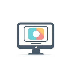 Generate an icon that depicts 'design on a computer'. The design should incorporate a computer monitor showcasing various creative elements, such as geometry, color palettes, or a pen tool, signifying digital creativity.