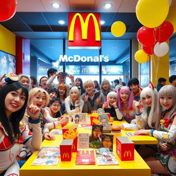 A vibrant and lively scene depicting a cosplay club social at a McDonald's restaurant specifically for a Genshin Impact collaboration