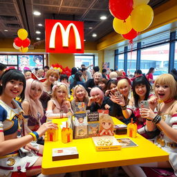 A vibrant and lively scene depicting a cosplay club social at a McDonald's restaurant specifically for a Genshin Impact collaboration