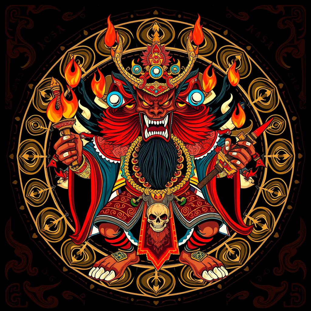 A fearsome Tibetan deity depicted in traditional art style, showcasing its wrathful expression and menacing presence