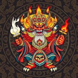 A fearsome Tibetan deity depicted in traditional art style, showcasing its wrathful expression and menacing presence