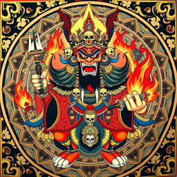 A fearsome Tibetan deity depicted in traditional art style, showcasing its wrathful expression and menacing presence