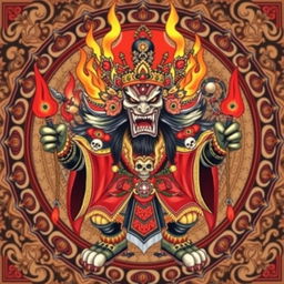 A fearsome Tibetan deity depicted in traditional art style, showcasing its wrathful expression and menacing presence