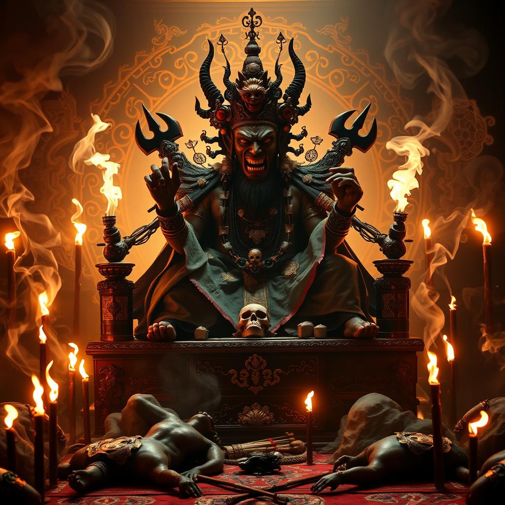 An evil Tibetan deity enthroned on an altar, its fearsome expression accentuated by traditional Tibetan iconography