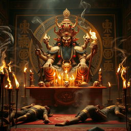 An evil Tibetan deity enthroned on an altar, its fearsome expression accentuated by traditional Tibetan iconography