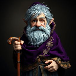 A full-body portrait of a gnome featuring a faded scar beneath his right eye, characterized by a messy, graying hair and a trimmed beard