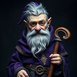 A full-body portrait of a gnome featuring a faded scar beneath his right eye, characterized by a messy, graying hair and a trimmed beard