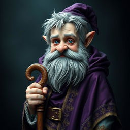 A full-body portrait of a gnome featuring a faded scar beneath his right eye, characterized by a messy, graying hair and a trimmed beard