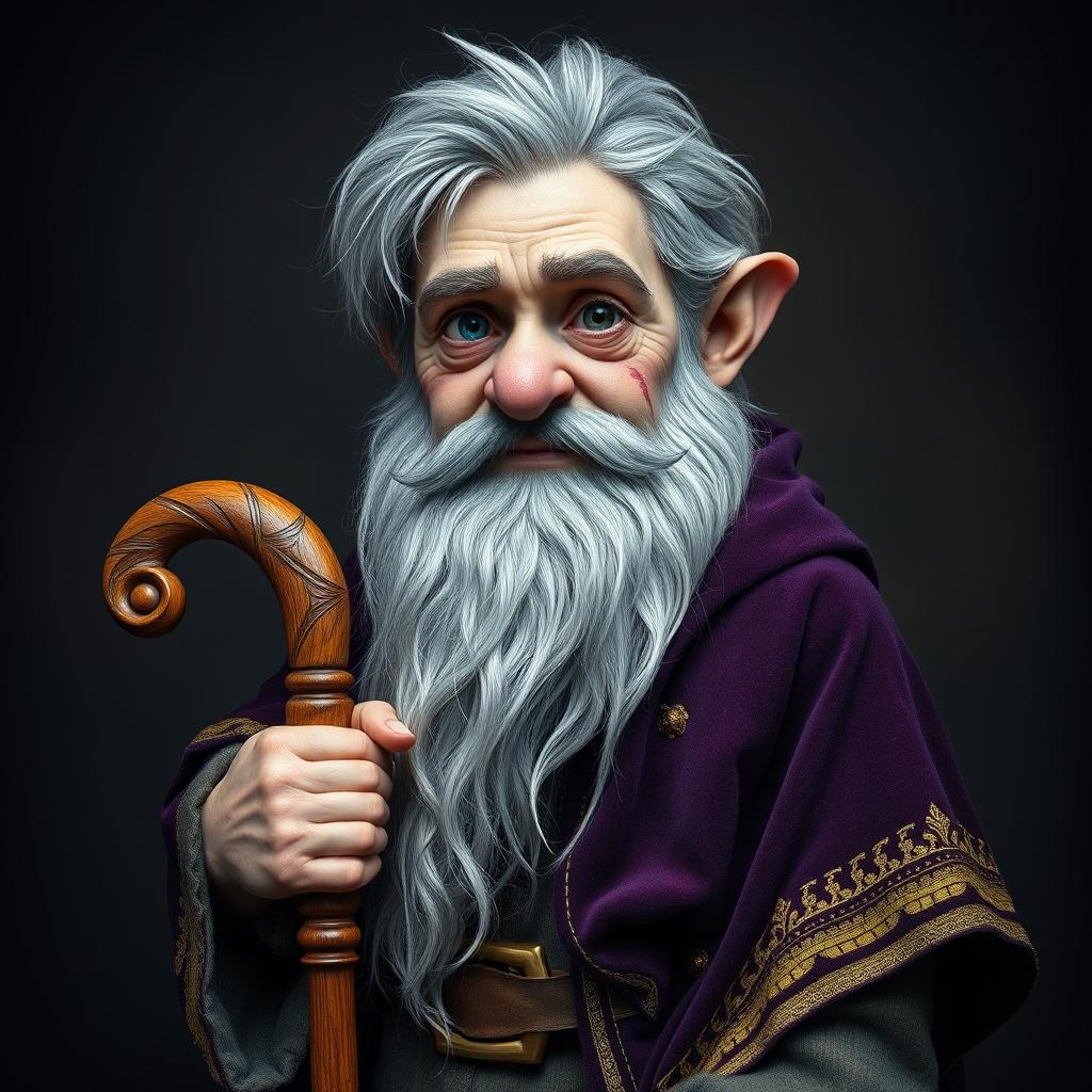 A full-body portrait of a gnome featuring a faded scar beneath his right eye, characterized by a messy, graying hair and a trimmed beard