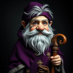 A full-body portrait of a gnome featuring a faded scar beneath his right eye, characterized by messy, graying hair and a trimmed beard