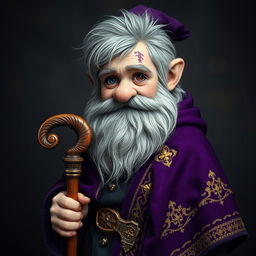 A full-body portrait of a gnome featuring a faded scar beneath his right eye, characterized by messy, graying hair and a trimmed beard