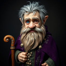 A full-body portrait of a gnome featuring a faded scar beneath his right eye, characterized by messy, graying hair and a trimmed beard