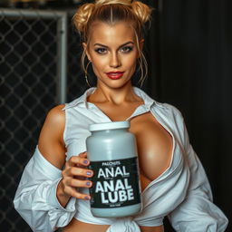 close-up shot of a gorgeous female with a blonde bun hairstyle, wearing a white shirt tied in the front, emphasizing her large chest and cleavage