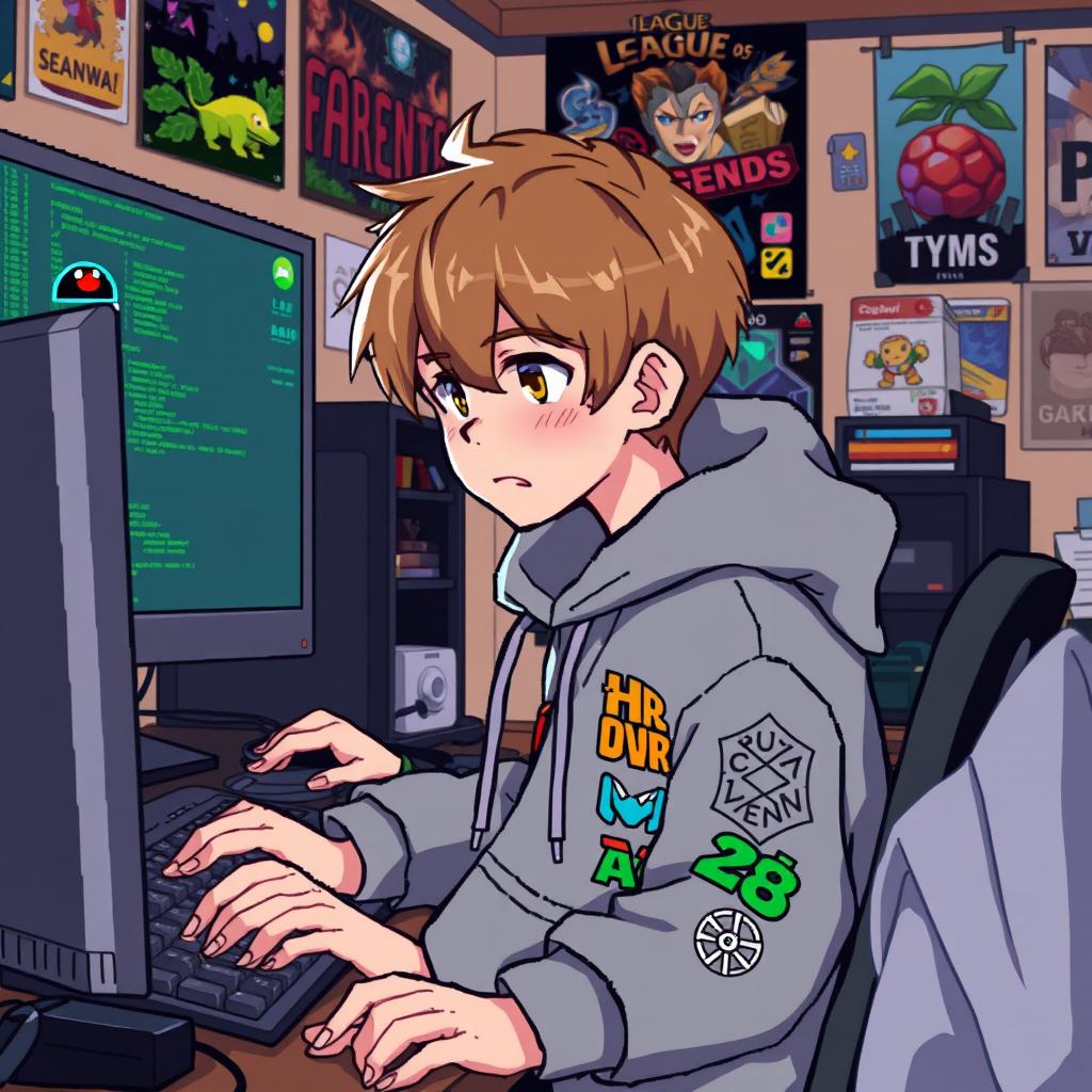 A light brown haired boy programming in a pixel art style