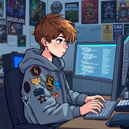 A light brown haired boy programming in a pixel art style