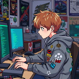 A light brown haired boy programming in a pixel art style