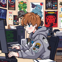 A light brown haired boy programming in a pixel art style