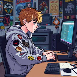 A light brown haired boy programming in a pixel art style