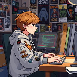 A light brown haired boy programming in a pixel art style