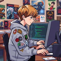 A light brown haired boy programming in a pixel art style