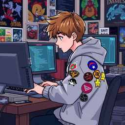 A light brown haired boy programming in a pixel art style