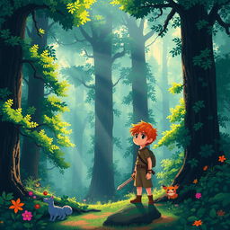 A serene and mystical pixel art forest with beams of sunlight piercing through the dense canopy, creating dancing shadows on the forest floor