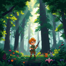 A serene and mystical pixel art forest with beams of sunlight piercing through the dense canopy, creating dancing shadows on the forest floor