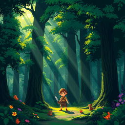 A serene and mystical pixel art forest with beams of sunlight piercing through the dense canopy, creating dancing shadows on the forest floor