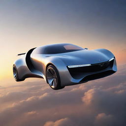 A futuristic flying car soaring through a dusky sky, reflecting the setting sun's hues with sleek, aerodynamic lines and shimmering glass.