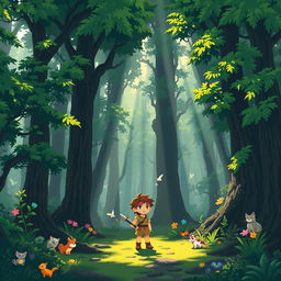 A serene and mystical pixel art forest with beams of sunlight piercing through the dense canopy, creating dancing shadows on the forest floor