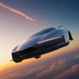 A futuristic flying car soaring through a dusky sky, reflecting the setting sun's hues with sleek, aerodynamic lines and shimmering glass.