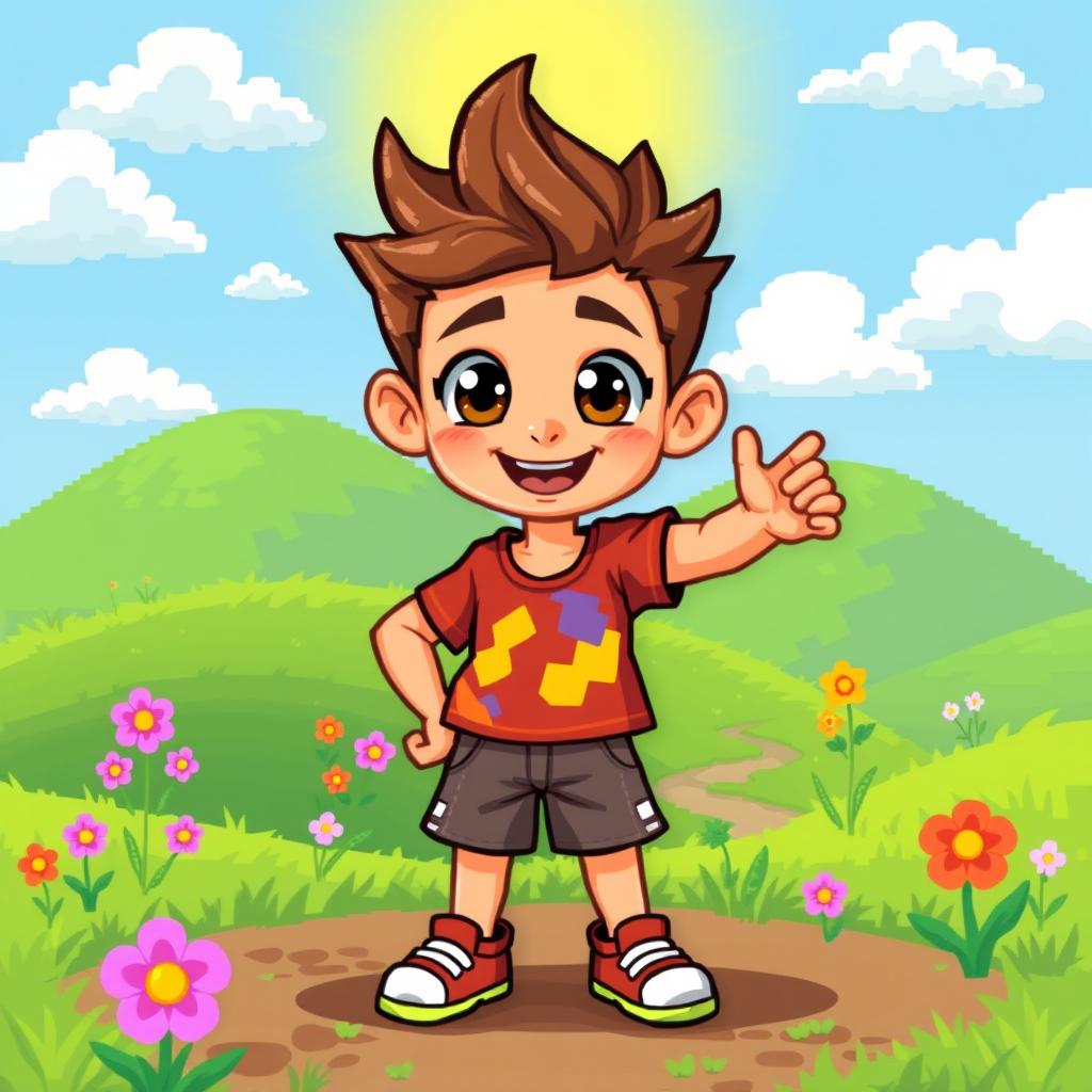 A vibrant pixel art character of a young boy with spiky hair, wearing a colorful shirt and shorts, standing confidently in a playful pose