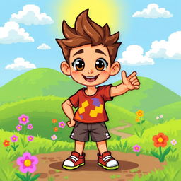 A vibrant pixel art character of a young boy with spiky hair, wearing a colorful shirt and shorts, standing confidently in a playful pose