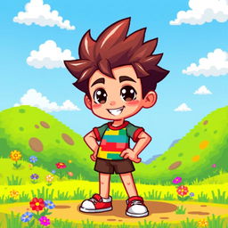 A vibrant pixel art character of a young boy with spiky hair, wearing a colorful shirt and shorts, standing confidently in a playful pose