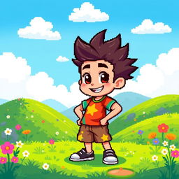 A vibrant pixel art character of a young boy with spiky hair, wearing a colorful shirt and shorts, standing confidently in a playful pose