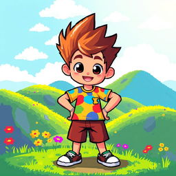 A vibrant pixel art character of a young boy with spiky hair, wearing a colorful shirt and shorts, standing confidently in a playful pose